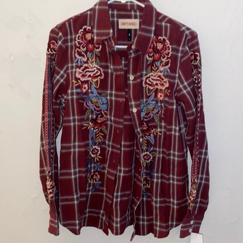 Womens Flannel with floral stitching